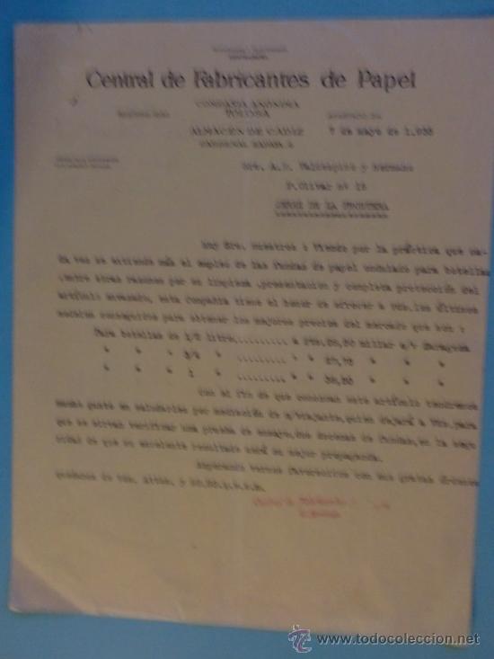 Lettres commerciales: CARTA COMERCIAL. CADIZ. 1935. CENTRAL DE FABRICANTES DE PAPEL. SRES. A. R. VALDESPINO.