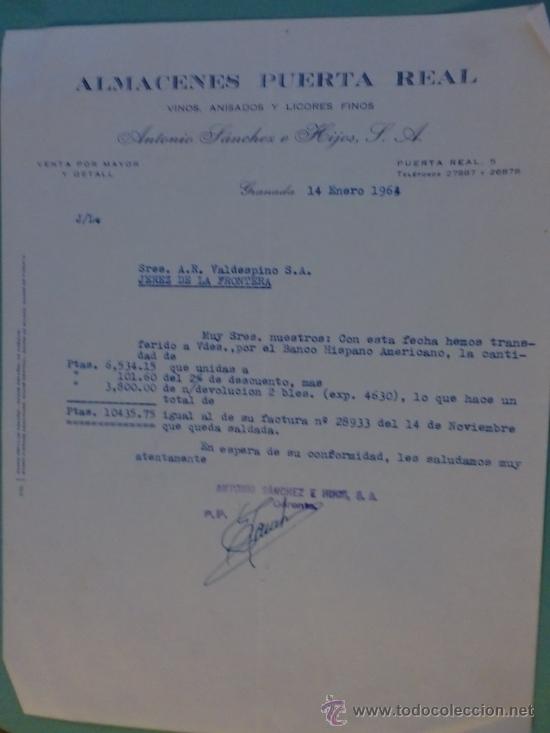 Commercial Letters: CARTA COMERCIAL. GRANADA. 1964. ALMACENES PUERTA REAL. VINOS Y ANISADOS. SRES. A. R. VALDESPINO.