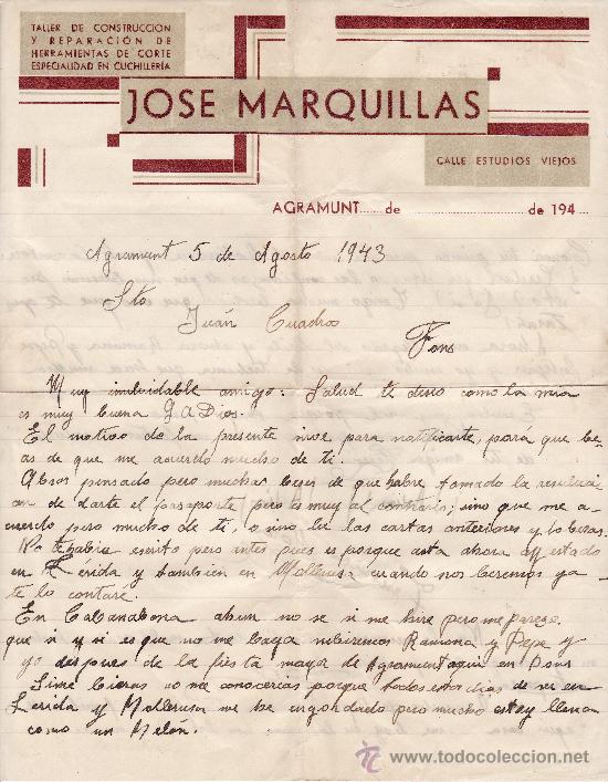 Cartas comerciales: JOSE MARQUILLAS 1940 AGRAMUNT - Foto 1