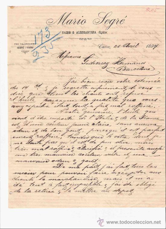 Gesch&auml;ftsbriefe: EGIPTO. CAIRO Y ALESSANDRIA. CARTA COMERCIAL. MARIO SEGRE. GUTIERREZ HNOS. JEREZ. ABRIL 1897.