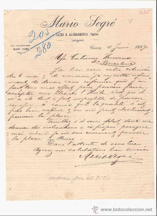 Gesch&auml;ftsbriefe: EGIPTO. CAIRO Y ALESSANDRIA. CARTA COMERCIAL. MARIO SEGRE. GUTIERREZ HNOS. JEREZ. JUNIO 1897.