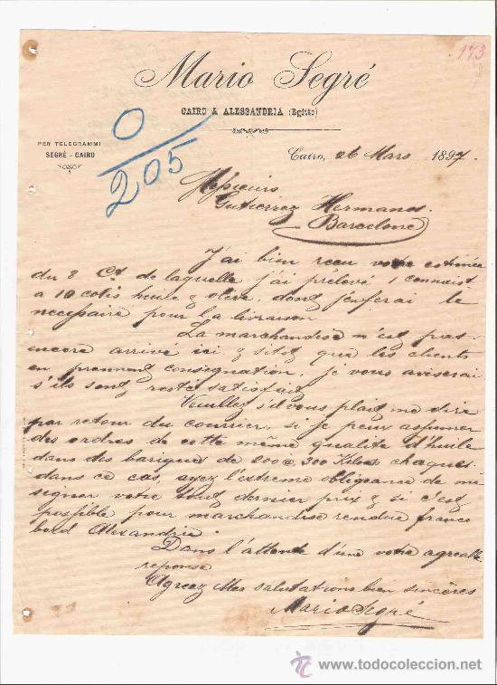 Gesch&auml;ftsbriefe: EGIPTO. CAIRO Y ALESSANDRIA. CARTA COMERCIAL. MARIO SEGRE. GUTIERREZ HNOS. JEREZ. MARZO 1897.