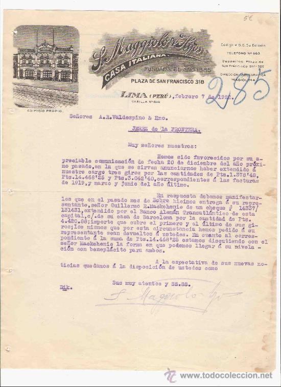 Gesch&auml;ftsbriefe: PERU. LIMA. CARTA COMERCIAL. L. MAGGIOLO HIJOS. CASA ITALIANA. VALDESPINO HNO. JEREZ. FEBRERO 1922.