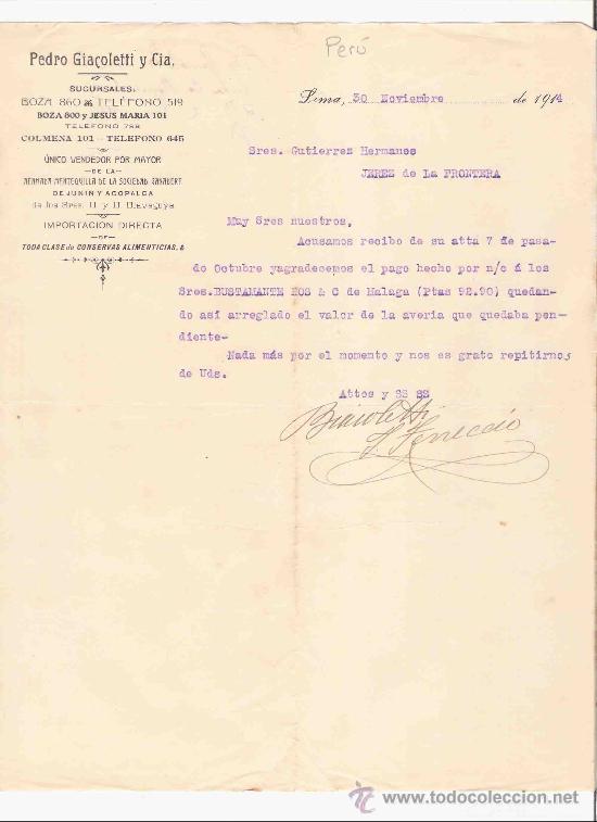 Gesch&auml;ftsbriefe: PERU. LIMA. CARTA COMERCIAL. PEDRO GIACOLETTI & CIA. GUTIERREZ HNOS. JEREZ. NOVIEMBRE 1914.