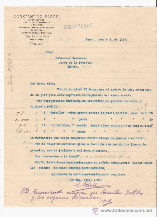 Gesch&auml;ftsbriefe: PERU. PUNO. CARTA COMERCIAL. CONSTANTINO PARODI. GUTIERREZ HNOS. JEREZ. AGOSTO 1917.