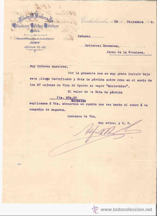 Gesch&auml;ftsbriefe: BOLIVIA. COCHABAMBA. CARTA COMERCIAL. GUTIERREZ HNOS. JEREZ.ALFREDO BARBER. DICIEMBRE 1916.
