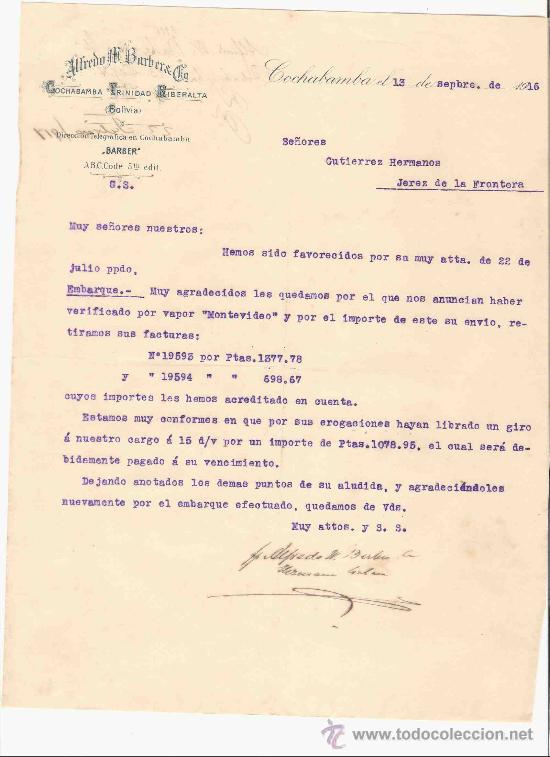 Gesch&auml;ftsbriefe: BOLIVIA. COCHABAMBA. CARTA COMERCIAL. GUTIERREZ HNOS. JEREZ.ALFREDO BARBER. SEPTIEMBRE 1916.