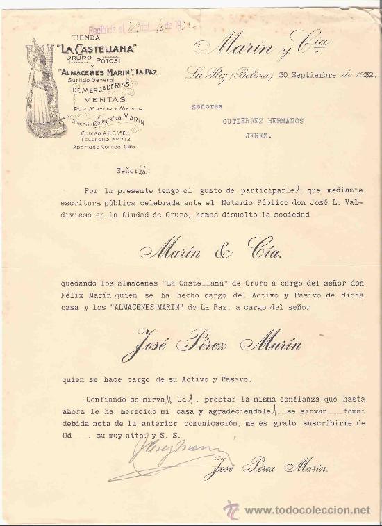 Gesch&auml;ftsbriefe: BOLIVIA. LA PAZ. CARTA COMERCIAL. GUTIERREZ HNOS. JEREZ. TIENDA LA CASTELLANA. SEPTIEMBRE 1932.