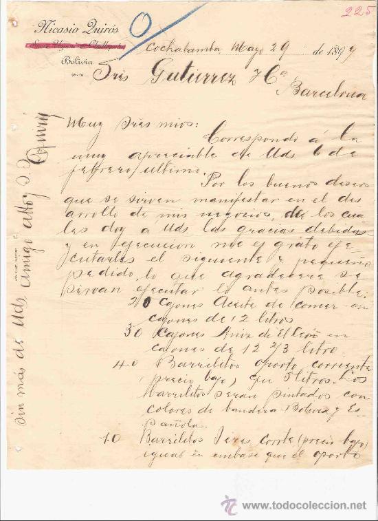 Gesch&auml;ftsbriefe: BOLIVIA. COCHABAMBA. CARTA COMERCIAL. GUTIERREZ HNOS. BARCELONA. NICASIO LUIROS. MAYO 1897.