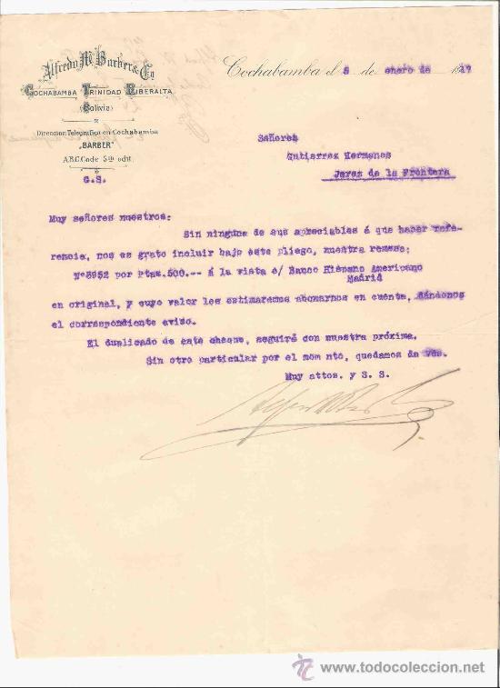 Gesch&auml;ftsbriefe: BOLIVIA. COCHABAMBA. CARTA COMERCIAL. GUTIERREZ HNOS. JEREZ. ALFREDO BARBER. ENERO 1917.