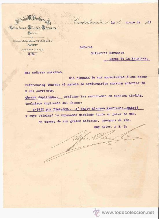 Gesch&auml;ftsbriefe: BOLIVIA. COCHABAMBA. CARTA COMERCIAL. GUTIERREZ HNOS. JEREZ.ALFREDO BARBER. ENERO 1917.
