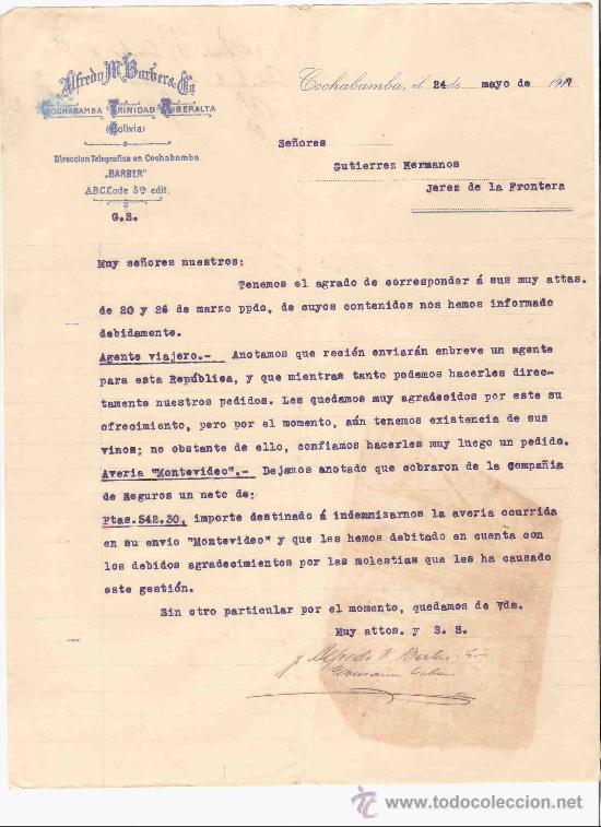 Gesch&auml;ftsbriefe: BOLIVIA. COCHABAMBA. CARTA COMERCIAL. GUTIERREZ HNOS. JEREZ.ALFREDO BARBER. MAYO 1917.