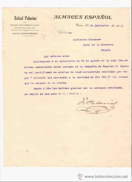 Gesch&auml;ftsbriefe: BOLIVIA. ORURO. CARTA COMERCIAL. GUTIERREZ HNOS. JEREZ.ALMACEN ESPA&Ntilde;OL. RAFAEL PALACIOS. NOV. 1914.