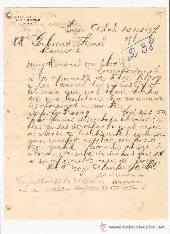 Lettres commerciales: BOLIVIA. SUCRE. CARTA COMERCIAL. GUTIERREZ HNOS. BARCELONA. SAAVEDRA & CIA. ABRIL 1897.