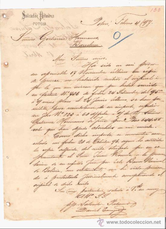 Lettres commerciales: BOLIVIA. POTOSI. CARTA COMERCIAL. GUTIERREZ HNOS. BARCELONA. SALVADOR PALMERO. FEBRERO 1897.
