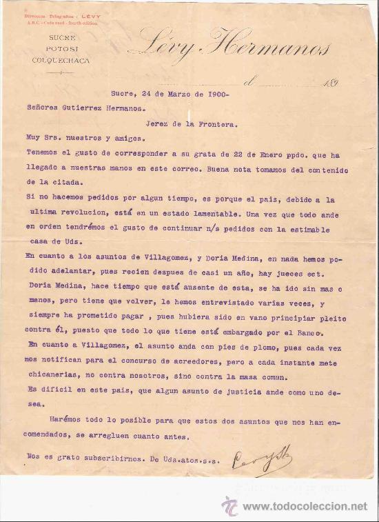 Lettres commerciales: BOLIVIA. SUCRE. CARTA COMERCIAL. GUTIERREZ HNOS. JEREZ.LEVY HERMANOS. MARZO 1900.