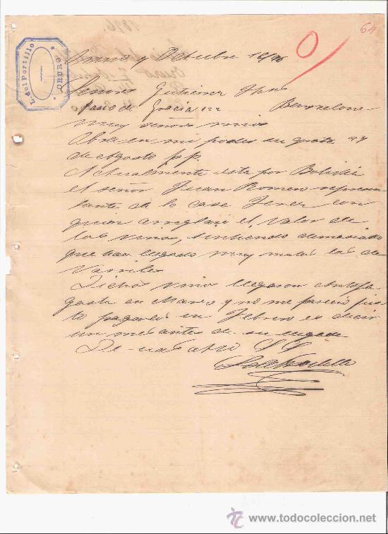 Lettres commerciales: BOLIVIA. ORURO. CARTA COMERCIAL. GUTIERREZ HNOS. BARCELONA. L. DEL PORTILLO. OCTUBRE 1896.