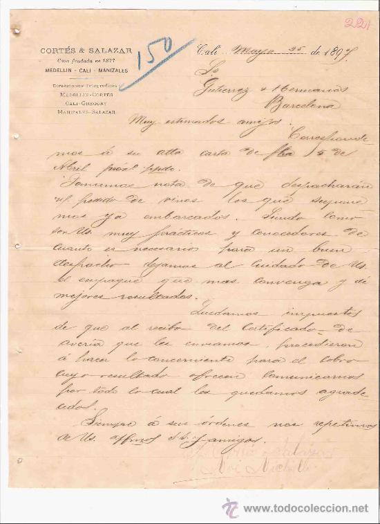 Lettres commerciales: COLOMBIA. CALI. CARTA COMERCIAL. GUTIERREZ HNOS. BARCELONA. CORTES & SALAZAR. MAYO 1897.
