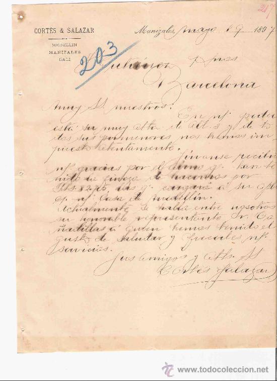 Lettres commerciales: COLOMBIA. MANIZALES. CARTA COMERCIAL. GUTIERREZ HNOS. BARCELONA. CORTES & SALAZAR. MAYO 1897.