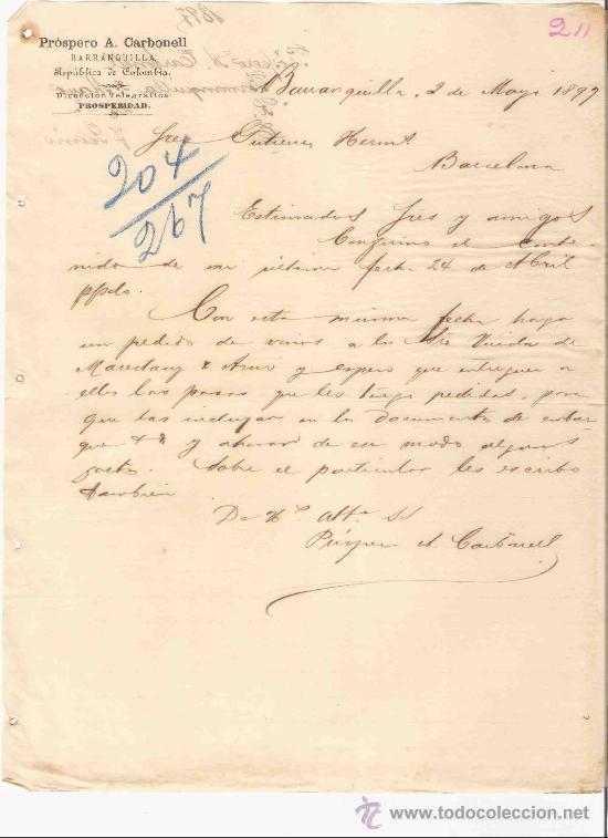 Lettres commerciales: COLOMBIA. BARRANQUILLA. CARTA COMERCIAL. GUTIERREZ HNOS. BARCELONA. PROSPERO A. CARBONELL. MAYO 1897