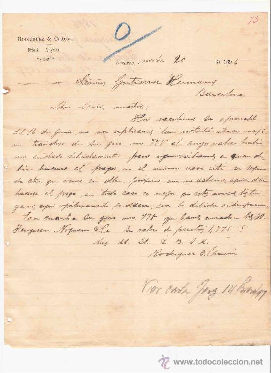 Lettres commerciales: COLOMBIA. SOCORRO. CARTA COMERCIAL. GUTIERREZ HNOS. BARCELONA. RODRIGUEZ & CHACON. 1896.