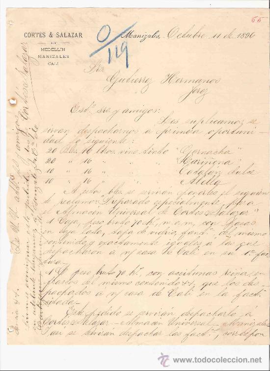 Lettres commerciales: COLOMBIA. MANIZALES. CARTA COMERCIAL. GUTIERREZ HNOS. JEREZ. CORTES & SALAZAR. OCTUBRE 1896.