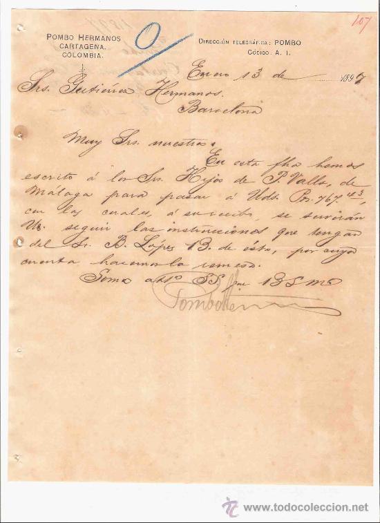 Lettres commerciales: COLOMBIA. CARTA COMERCIAL. GUTIERREZ HNOS. BARCELONA. POMBO HERMANOS. CARTAGENA. ENERO 1897.