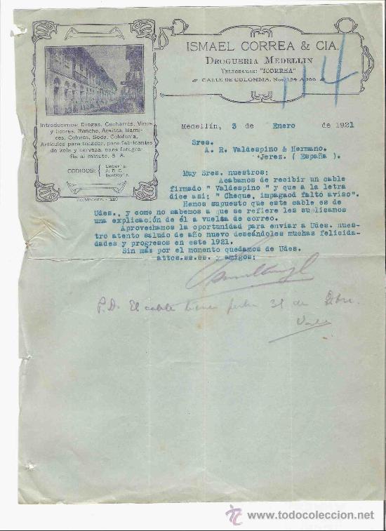 Gesch&auml;ftsbriefe: COLOMBIA. MEDELLIN. CARTA COMERCIAL. VALDESPINO HNO. JEREZ. ISMAEL CORREA. DROGUERIA. ENERO 1921.