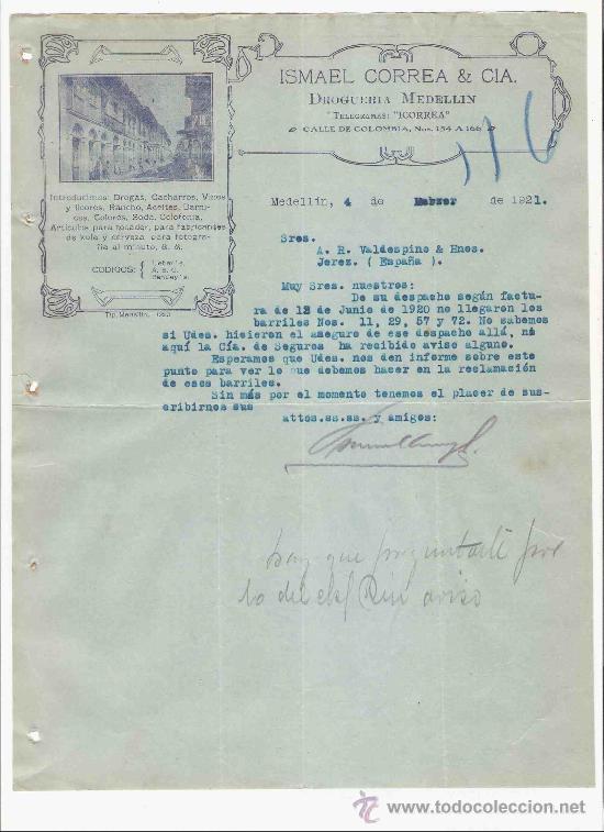 Gesch&auml;ftsbriefe: COLOMBIA. MEDELLIN. CARTA COMERCIAL. VALDESPINO HNO. JEREZ. ISMAEL CORREA. DROGUERIA. FEBRERO 1921.