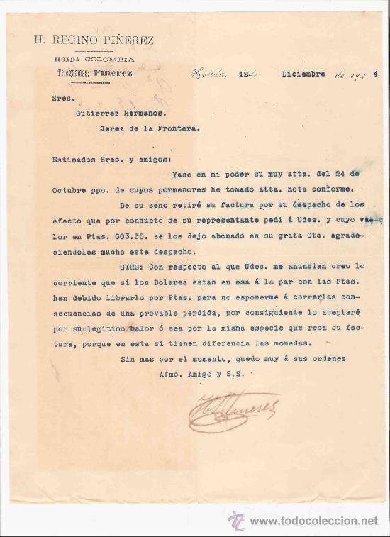 Cartas comerciales: COLOMBIA. HONDA. CARTA COMERCIAL. GUTIERREZ HNOS. JEREZ. REGINO PI&Ntilde;EREZ. DICIEMBRE 1914.