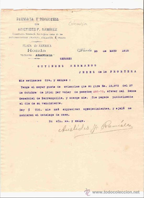 Cartas comerciales: COLOMBIA. HONDA. CARTA COMERCIAL. GUTIERREZ HNOS. JEREZ. FARMACIA, DROGUERIA. A.F.RAMIREZ. MAYO 1915