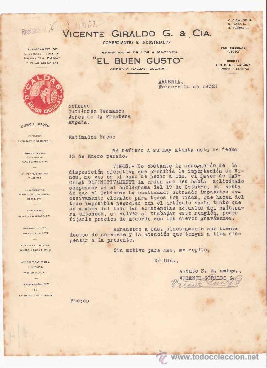 Lettres commerciales: COLOMBIA. ARMENIA. CARTA COMERCIAL. GUTIERREZ HNOS. JEREZ. VICENTE GIRALDO G. ALMACENES. FEB. 1931.