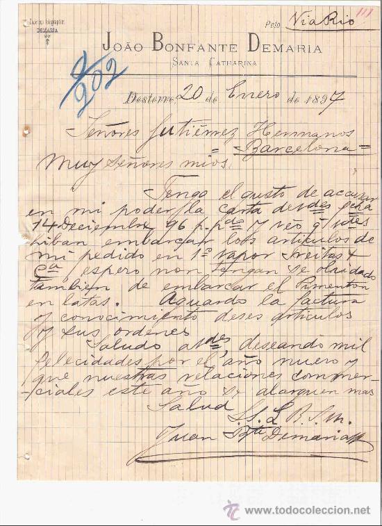 Lettres commerciales: BRASIL. DESTERRO. CARTA COMERCIAL. GUTIERREZ HNOS. BCN. JOAO BONFANTE DEMARIA. ENERO 1897.