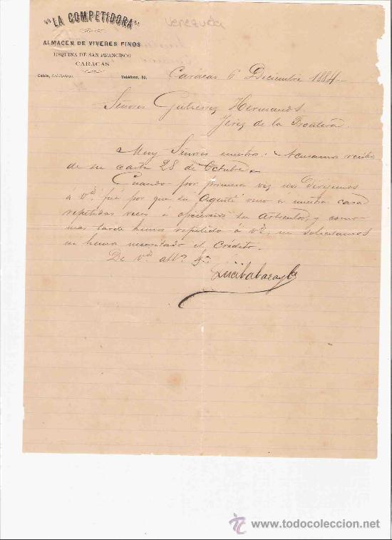 Lettres commerciales: VENEZUELA. CARACAS. CARTA COMERCIAL. GUTIERREZ HNOS. JEREZ.LA COMPETIDORA.ALMACEN VIVERES. DIC. 1884