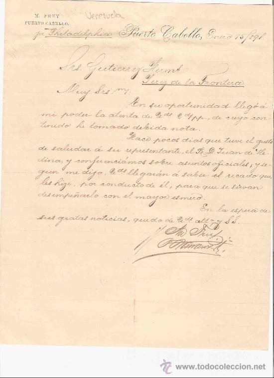 Lettres commerciales: VENEZUELA. PUERTO CABELLO. CARTA COMERCIAL. GUTIERREZ HNOS. JEREZ. M. FREY. ENERO 1891.