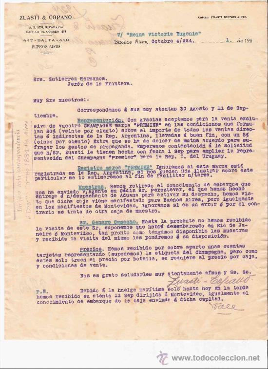 Lettres commerciales: ARGENTINA. BUENOS AIRES. CARTA COMERCIAL. GUTIERREZ HNOS. JEREZ. ZUASTI & COPANO. OCTUBRE 1924.