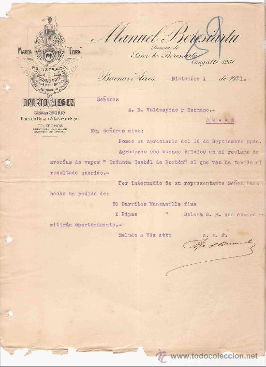 Lettres commerciales: ARGENTINA. BUENOS AIRES. CARTA COMERCIAL. VALDESPINO HNO. JEREZ. MANUEL BERESIARTU. DICIEMBRE 1921.