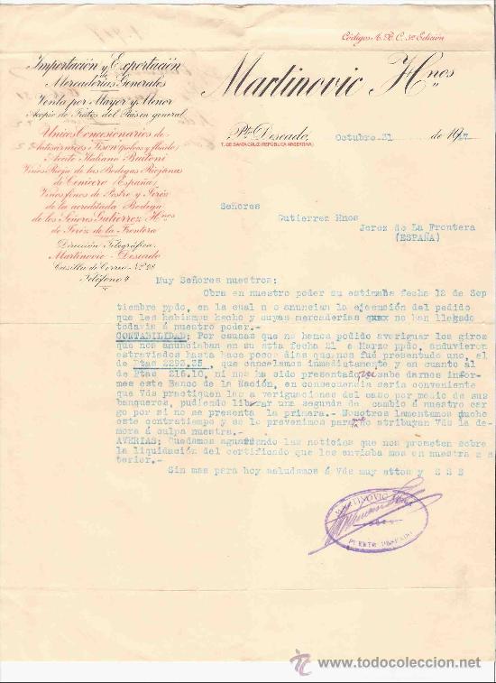 Lettres commerciales: ARGENTINA. PUERTO DESEADO. CARTA COMERCIAL. GUTIERREZ HNOS. JEREZ. MARTINOVIC HNOS. OCTUBRE 1917.