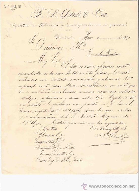 Lettres commerciales: URUGUAY. MONTEVIDEO. CARTA COMERCIAL. DENIS & CIA. AGENTES DE FABRICAS Y CONSIGNACIONES.MARZO 1891.