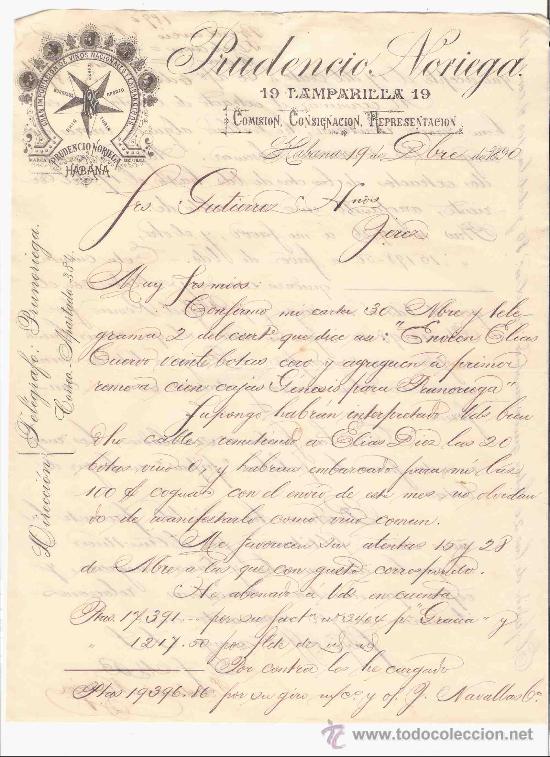 Lettres commerciales: CUBA. HABANA. CARTA COMERCIAL. GUTIERREZ HNOS. PRUDENCIO NORIEGA. COMISION. DICIEMBRE 1890.