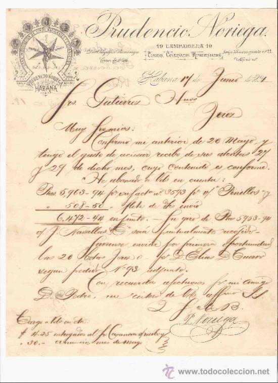 Lettres commerciales: CUBA. HABANA. CARTA COMERCIAL. GUTIERREZ HNOS. PRUDENCIO NORIEGA. COMISION. JUNIO 1891.