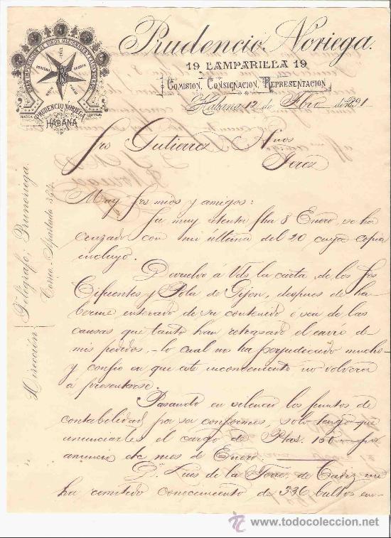 Lettres commerciales: CUBA. HABANA. CARTA COMERCIAL. GUTIERREZ HNOS. PRUDENCIO NORIEGA. COMISION. FEBRERO 1891.