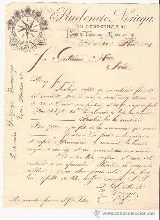 Lettres commerciales: CUBA. HABANA. CARTA COMERCIAL. GUTIERREZ HNOS. PRUDENCIO NORIEGA. COMISION. FEBRERO 1891.