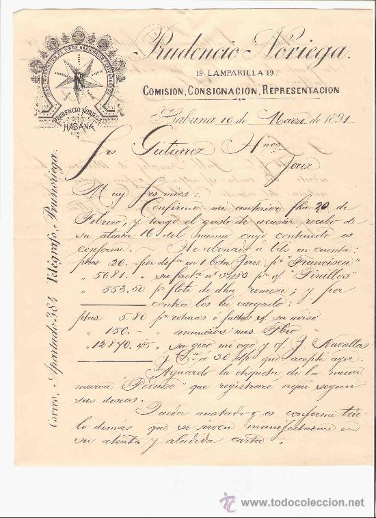 Lettres commerciales: CUBA. HABANA. CARTA COMERCIAL. GUTIERREZ HNOS. PRUDENCIO NORIEGA. COMISION. MARZO 1891.