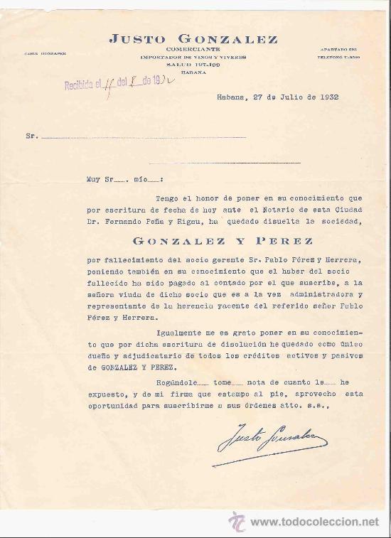 Lettres commerciales: CUBA. HABANA. CARTA COMERCIAL. JUSTO GONZALEZ. COMERCIANTE. GONZALEZ Y PEREZ. JULIO 1932.
