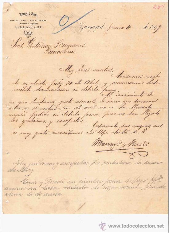 Lettres commerciales: ECUADOR. GUAYAQUIL. CARTA COMERCIAL. MARENGO & PARODI. IMPORTADORES Y EXPORTADORES. JUNIO 1897.
