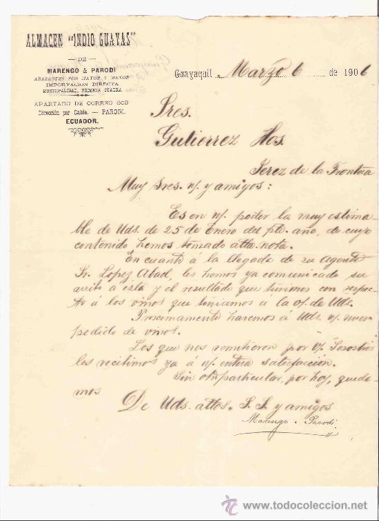 Lettres commerciales: ECUADOR. GUAYAQUIL. CARTA COMERCIAL. GUTIERREZ HNO. JEREZ. ALMACEN INDIO GUAYAS. MARZO 1906.