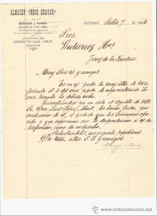 Lettres commerciales: ECUADOR. GUAYAQUIL. CARTA COMERCIAL. GUTIERREZ HNO. JEREZ. ALMACEN INDIO GUAYAS. JULIO 1906.