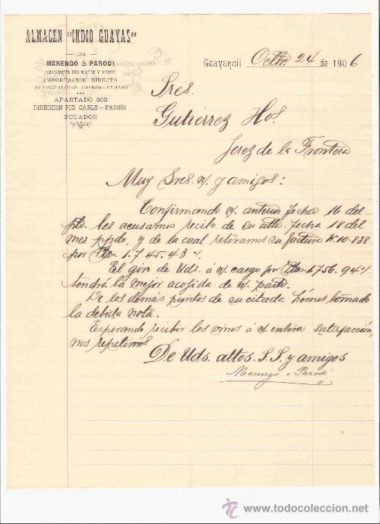 Lettres commerciales: ECUADOR. GUAYAQUIL. CARTA COMERCIAL. GUTIERREZ HNO. JEREZ. ALMACEN INDIO GUAYAS. OCTUBRE 1906.