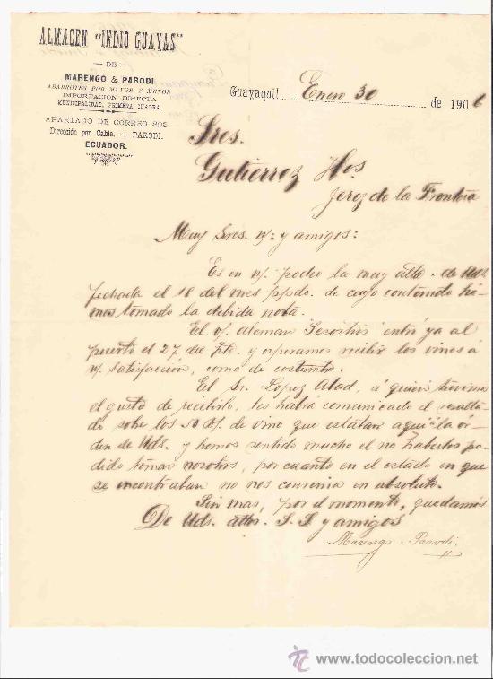 Lettres commerciales: ECUADOR. GUAYAQUIL. CARTA COMERCIAL. GUTIERREZ HNO. JEREZ. ALMACEN INDIO GUAYAS. ENERO 1906.